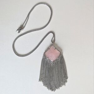 Kendra Scott Kingston Silver Long Chain Necklace Rose Quartz Pendant Fringe 37½"